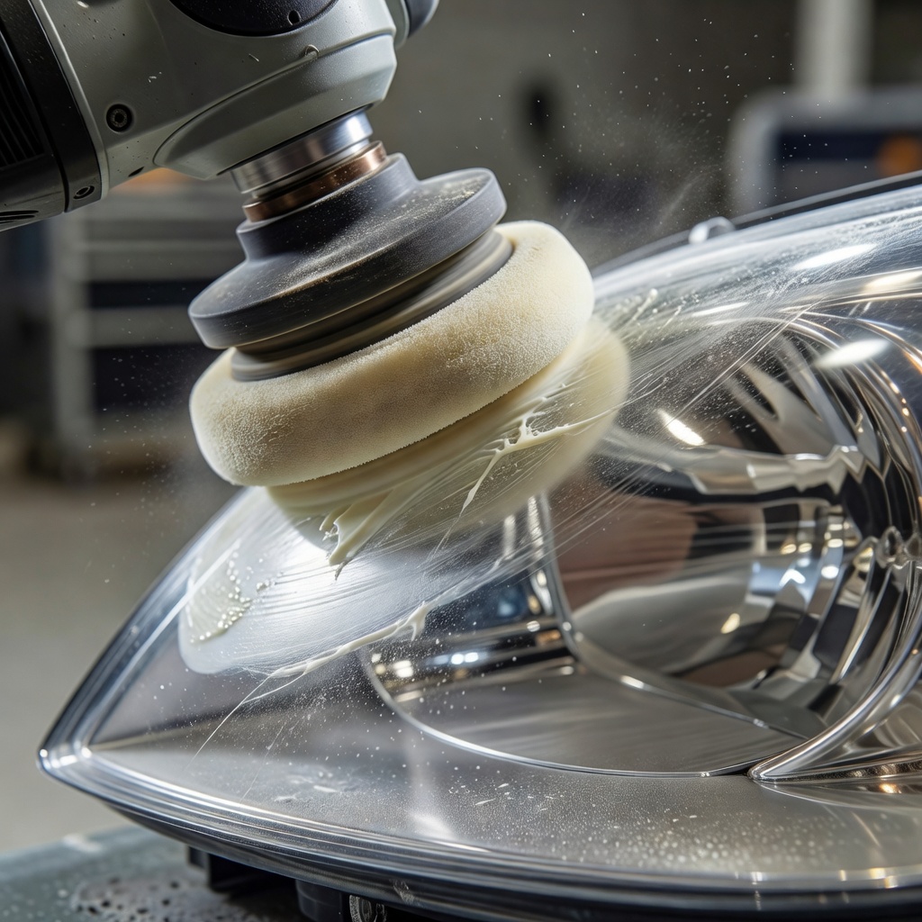 Close up of machine polishing a clear car headlight