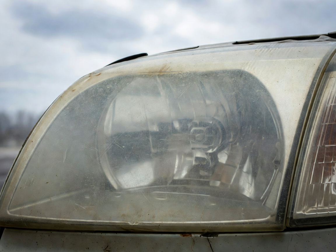Cloudy hazy and oxidised vehicle headlight before restoration treatment