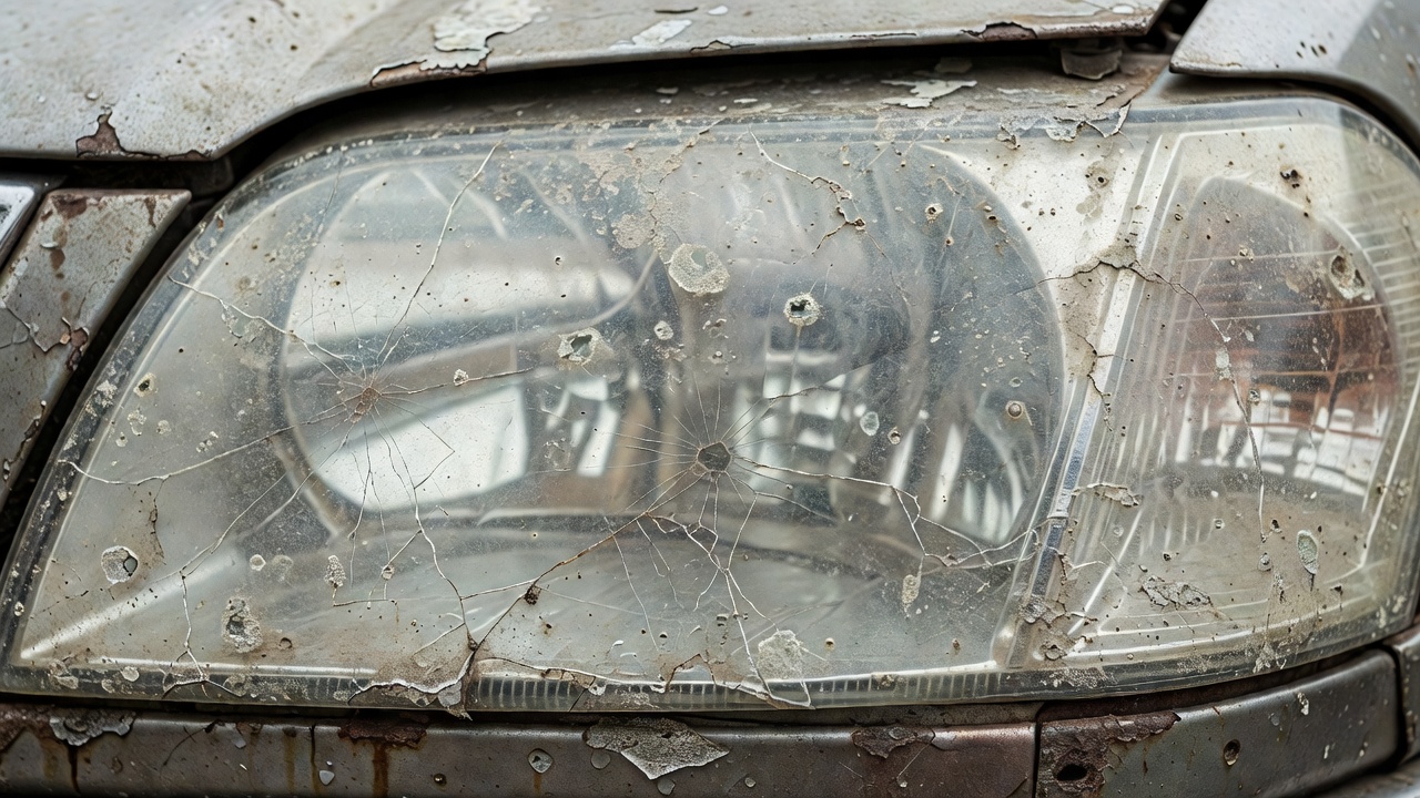 Heavily oxidised and weathered car headlight surface
