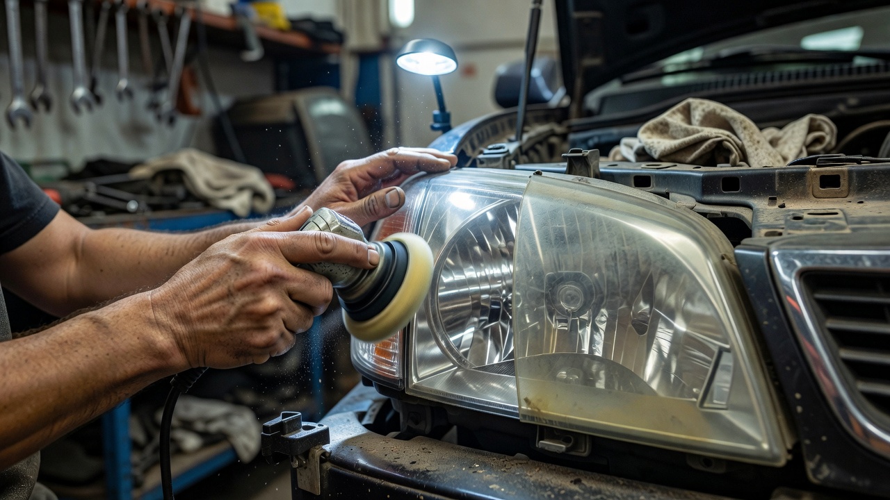 Close up of mechanic polishing and restoring a vehicle headlight