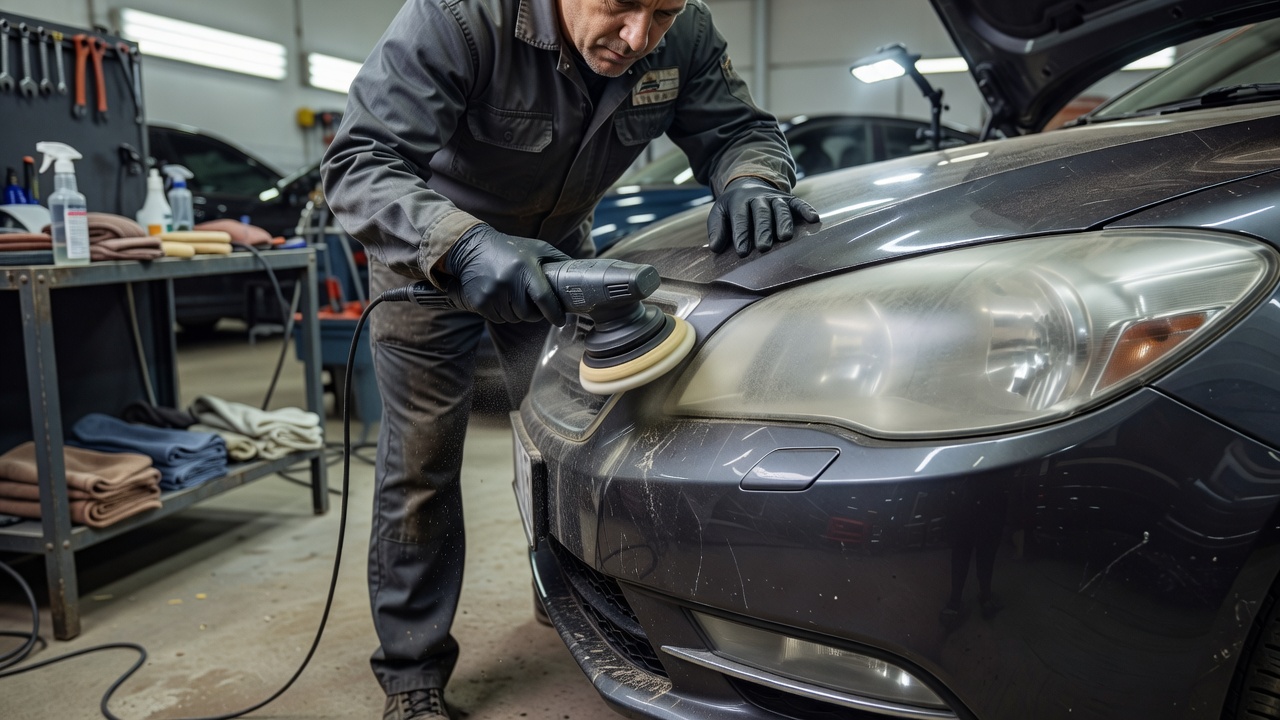 Professional restoring a cloudy vehicle headlight